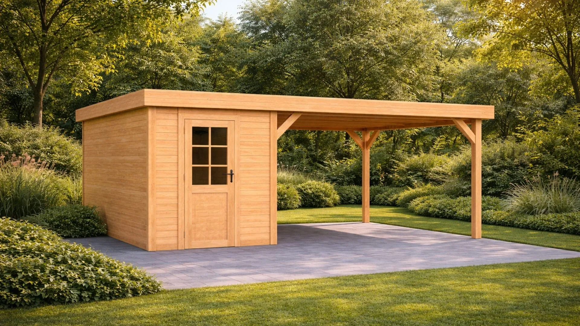 Douglas overkapping met plat dak - Comfort zonder overstek, met berging