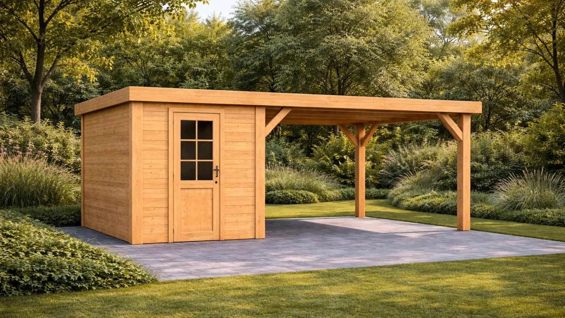 Douglas overkapping met plat dak - Robuust zonder overstek, met berging