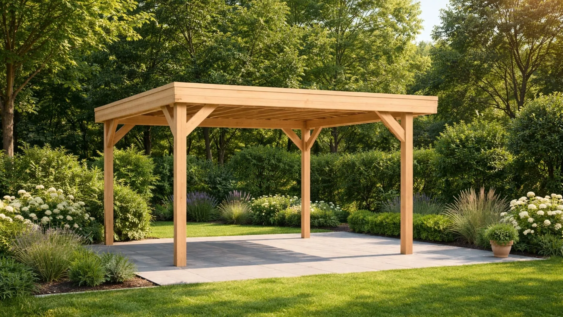 Douglas overkapping met plat dak - Comfort met overstek geschaafd