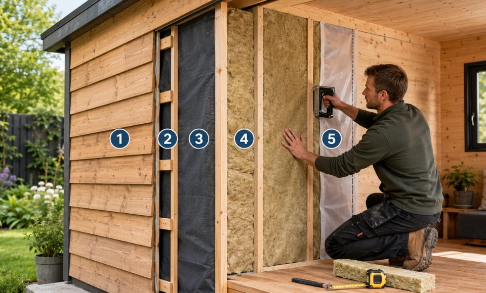 Wanden isoleren tuinhuis met dampopen folie, isolatiemateriaal en dampremmende folie.